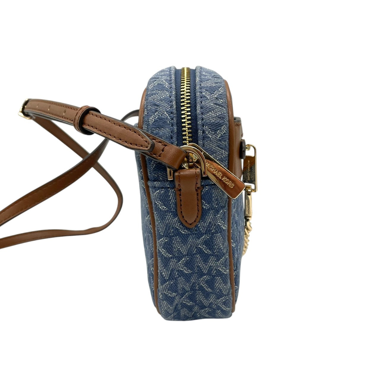 【美品】マイケルコース Michael Kors ショルダーバッグ 斜め掛け ポシェット カメラバッグ デニム調 キャンバス レザー ブルー インディゴ ブラウン 茶色 MKロゴ 総柄 ゴールド金具 チェーン 軽量 コンパクト レディース 鞄 カバン s68
