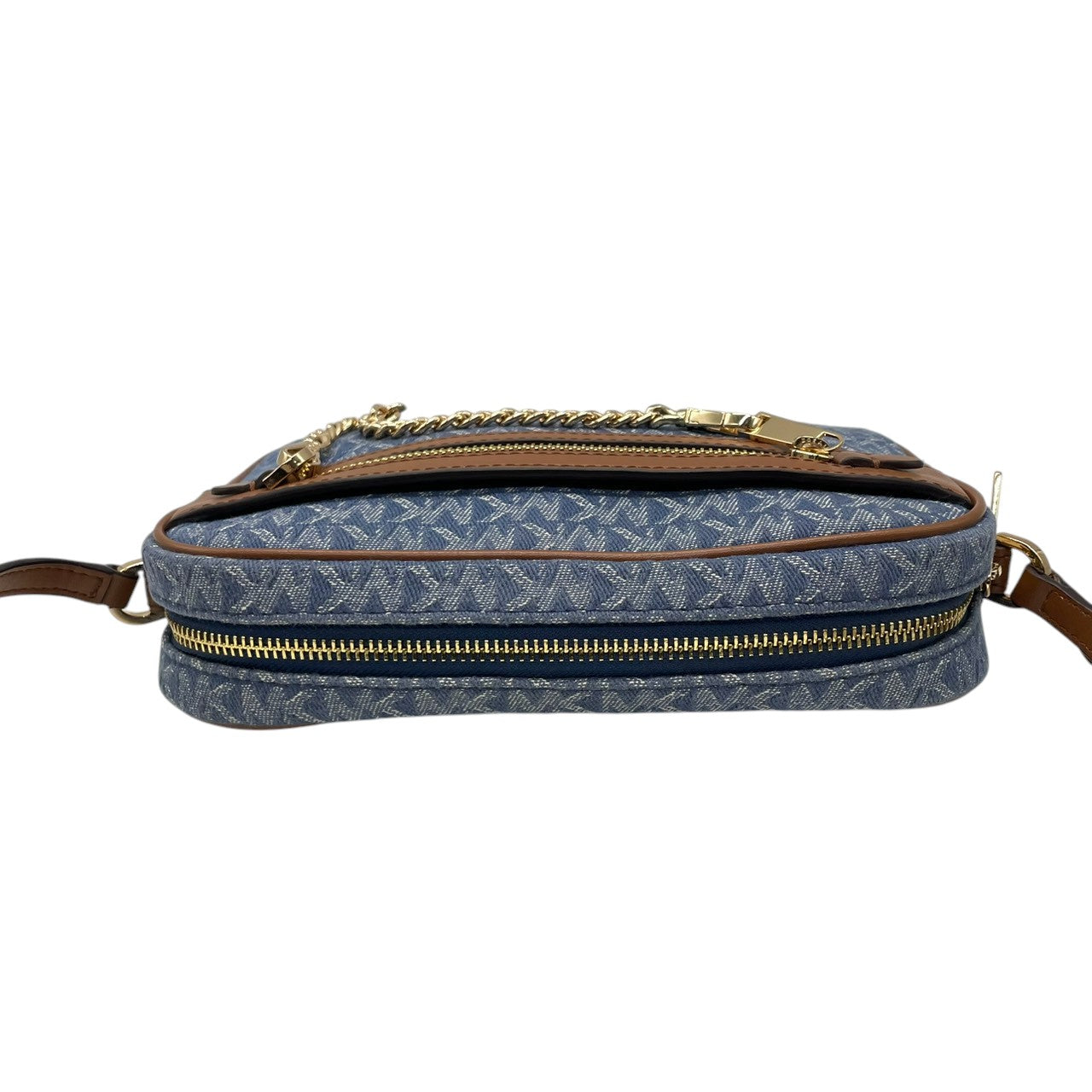 【美品】マイケルコース Michael Kors ショルダーバッグ 斜め掛け ポシェット カメラバッグ デニム調 キャンバス レザー ブルー インディゴ ブラウン 茶色 MKロゴ 総柄 ゴールド金具 チェーン 軽量 コンパクト レディース 鞄 カバン s68