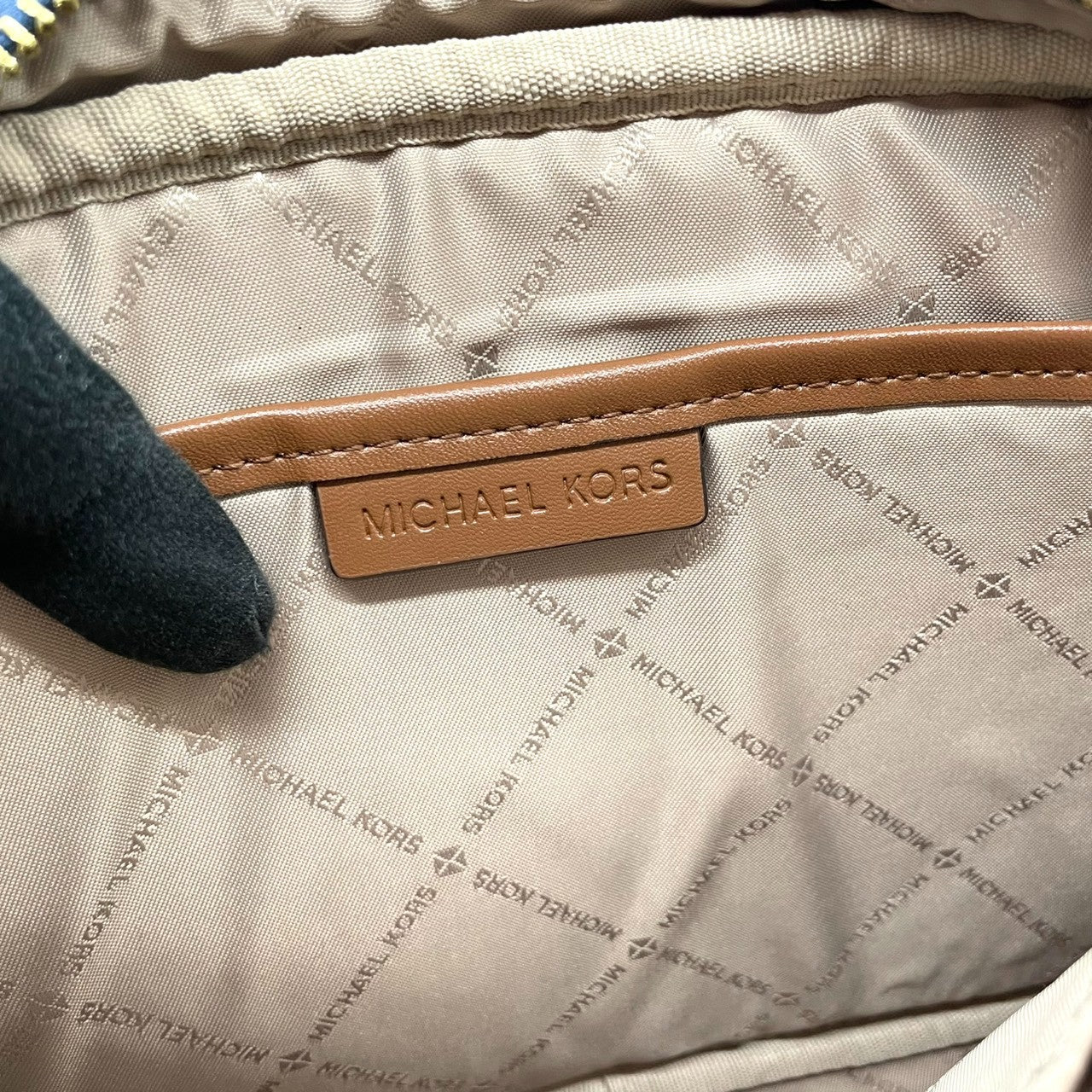 【美品】マイケルコース Michael Kors ショルダーバッグ 斜め掛け ポシェット カメラバッグ デニム調 キャンバス レザー ブルー インディゴ ブラウン 茶色 MKロゴ 総柄 ゴールド金具 チェーン 軽量 コンパクト レディース 鞄 カバン s68