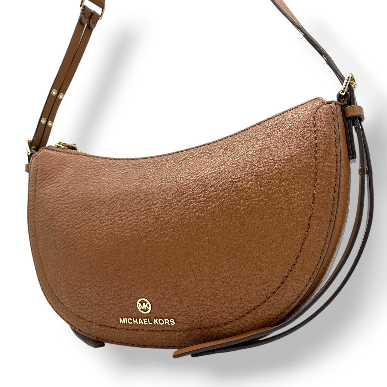 【美品】マイケルコース Michael Kors ショルダーバッグ 斜め掛け ポシェット クロスボディ レザー 本革 ブラウン 茶色 キャメル MKロゴ ゴールド金具 コンパクト 軽量 カジュアル デイリー レディース 鞄 カバン s68