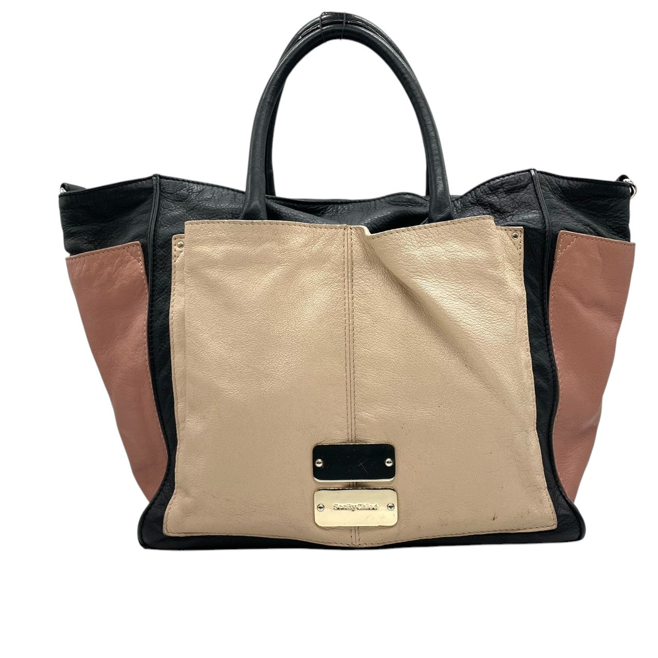 【良品】シーバイクロエ See By Chloe 2WAY トートバッグ ショルダーバッグ 斜め掛け レザー 本革 ベージュ ネイビー ピンク トリコロール カラーブロック A4収納可 大容量 カジュアル モード 個性的 レディース 鞄 カバン s68