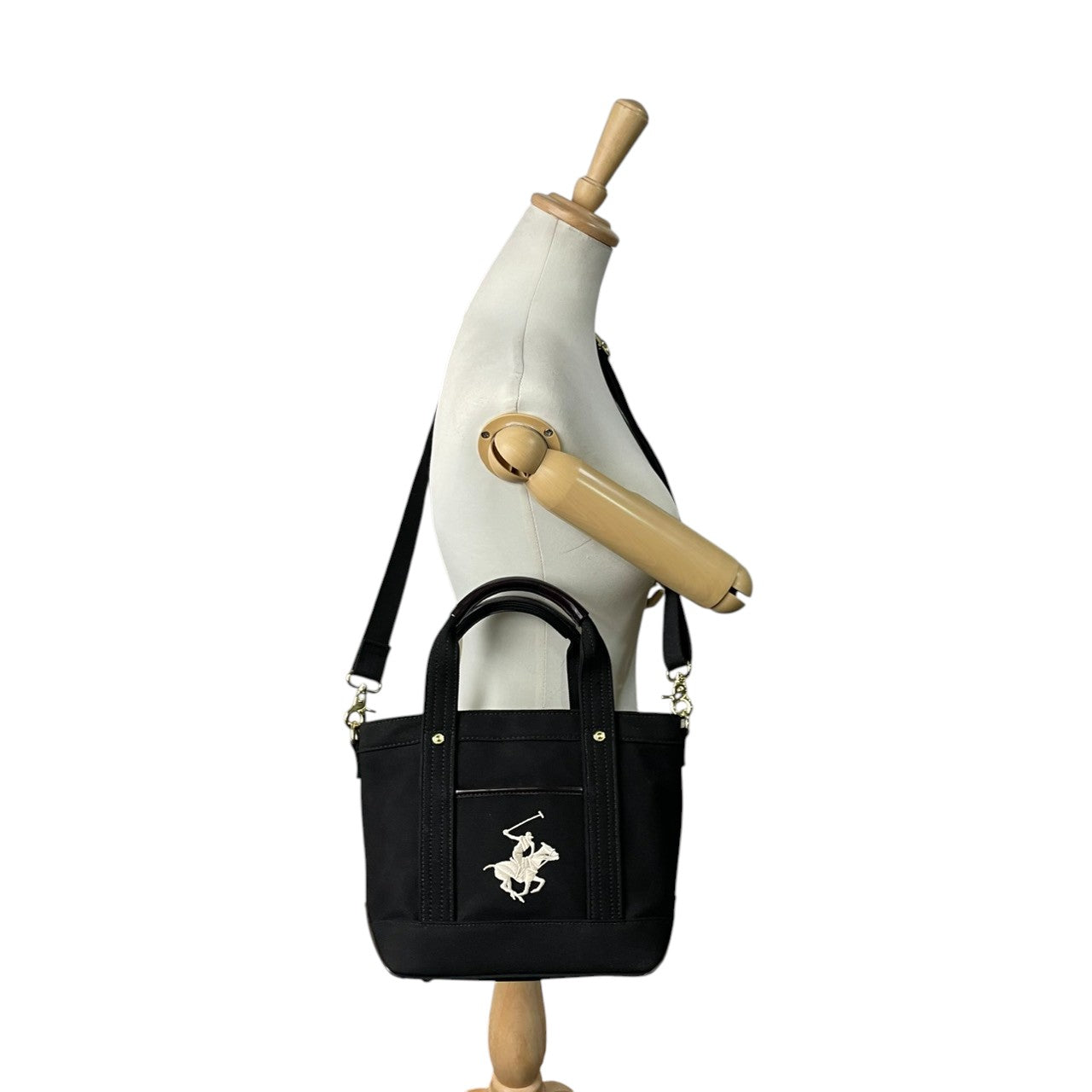 【美品】ビバリーヒルズポロクラブ BEVERLY HILLS POLO CLUB トートバッグ ショルダーバッグ 2WAY 斜め掛け キャンバス レザー ブラック 黒 ポロ刺繍 軽量 マチ広 トラッド カジュアル 通学 通勤 レディース 鞄 カバン s68
