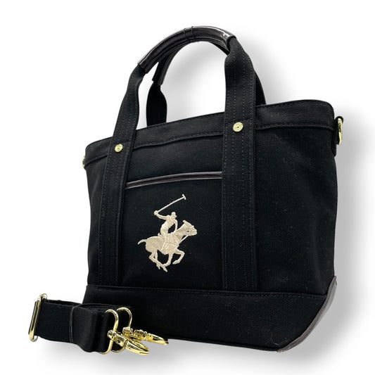 【美品】ビバリーヒルズポロクラブ BEVERLY HILLS POLO CLUB トートバッグ ショルダーバッグ 2WAY 斜め掛け キャンバス レザー ブラック 黒 ポロ刺繍 軽量 マチ広 トラッド カジュアル 通学 通勤 レディース 鞄 カバン s68