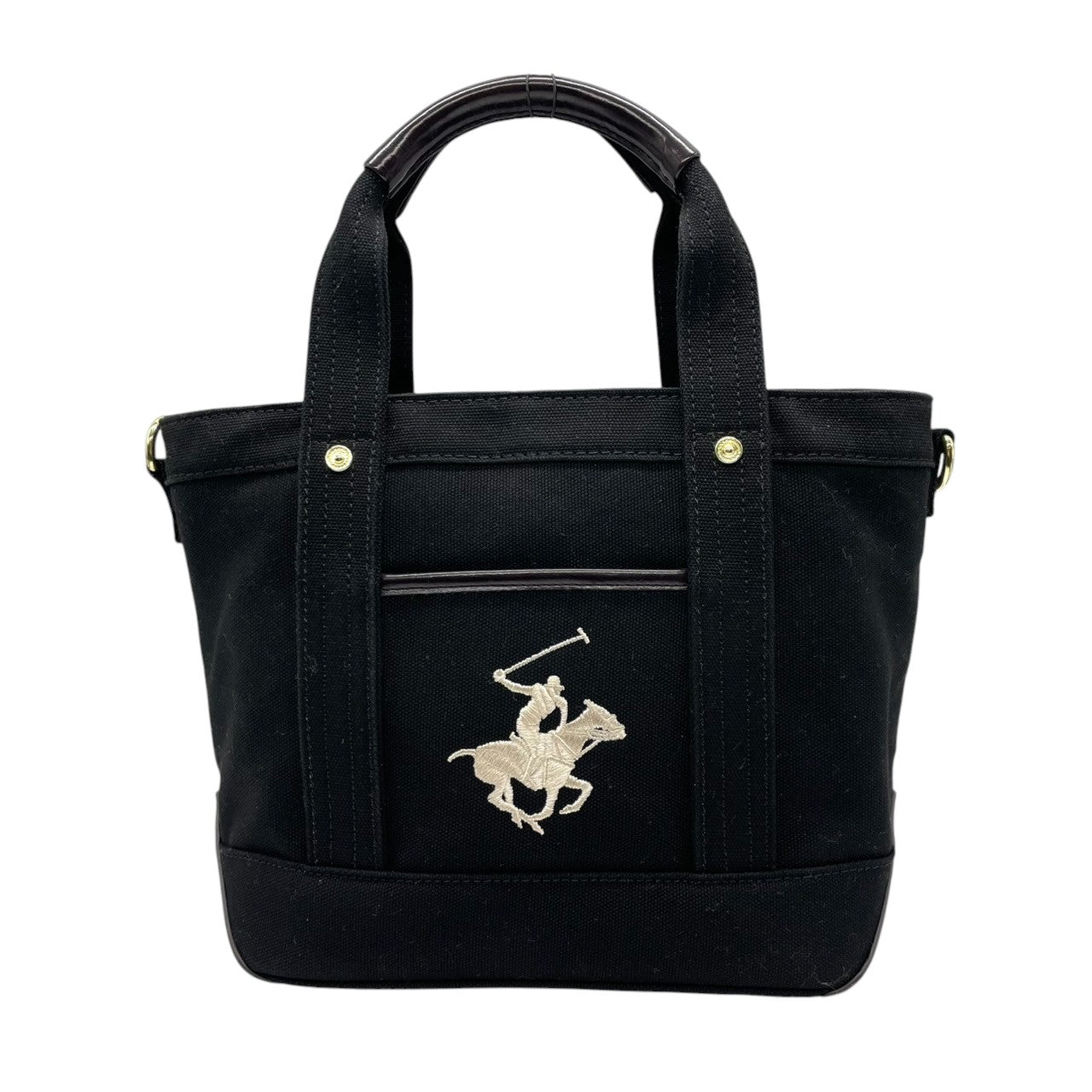 【美品】ビバリーヒルズポロクラブ BEVERLY HILLS POLO CLUB トートバッグ ショルダーバッグ 2WAY 斜め掛け キャンバス レザー ブラック 黒 ポロ刺繍 軽量 マチ広 トラッド カジュアル 通学 通勤 レディース 鞄 カバン s68