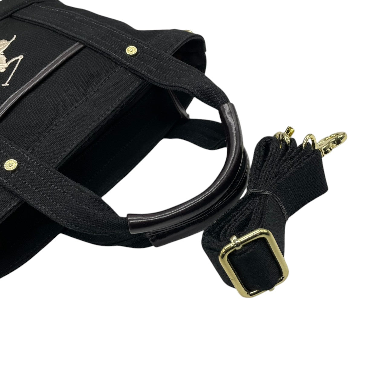 【美品】ビバリーヒルズポロクラブ BEVERLY HILLS POLO CLUB トートバッグ ショルダーバッグ 2WAY 斜め掛け キャンバス レザー ブラック 黒 ポロ刺繍 軽量 マチ広 トラッド カジュアル 通学 通勤 レディース 鞄 カバン s68