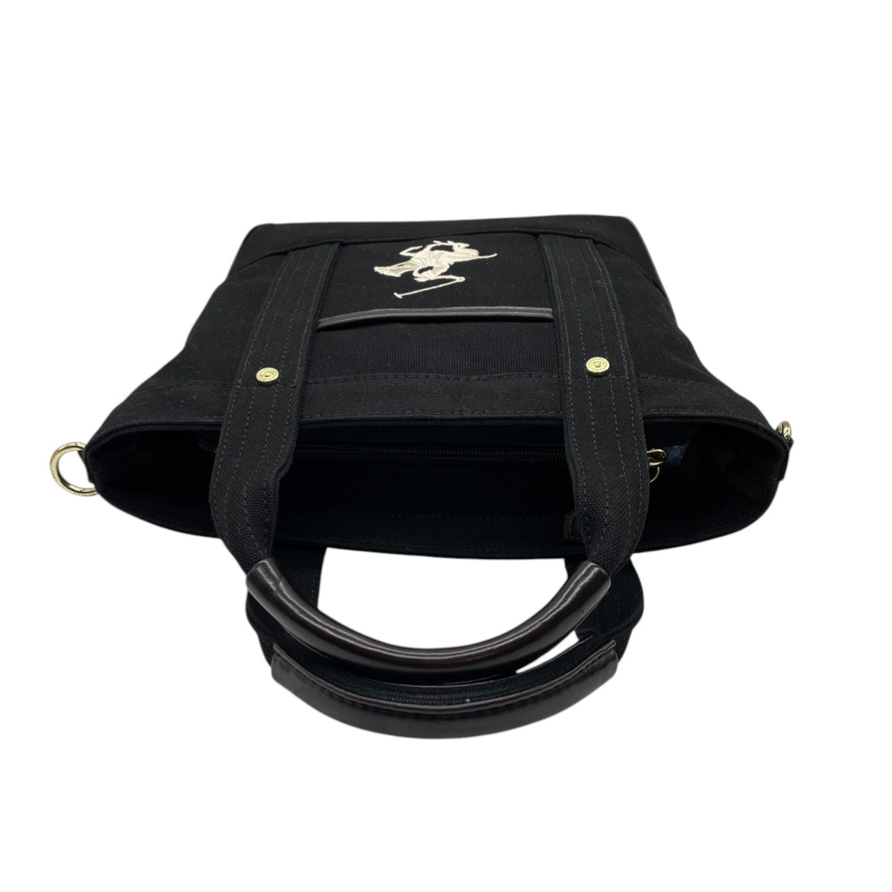 【美品】ビバリーヒルズポロクラブ BEVERLY HILLS POLO CLUB トートバッグ ショルダーバッグ 2WAY 斜め掛け キャンバス レザー ブラック 黒 ポロ刺繍 軽量 マチ広 トラッド カジュアル 通学 通勤 レディース 鞄 カバン s68