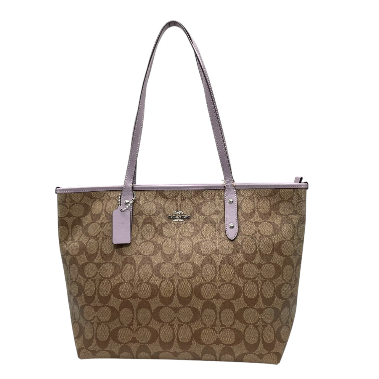 コーチ COACH トートバッグ シグネチャー PVC レザー ベージュ ラベンダー パープル A4収納可 肩掛け可 ワンショルダー 自立可 ビジネス 通勤 通学 旅行 華やか エレガント クラシック 高級感 丈夫 定番 レディース 鞄 カバン 美品 s72