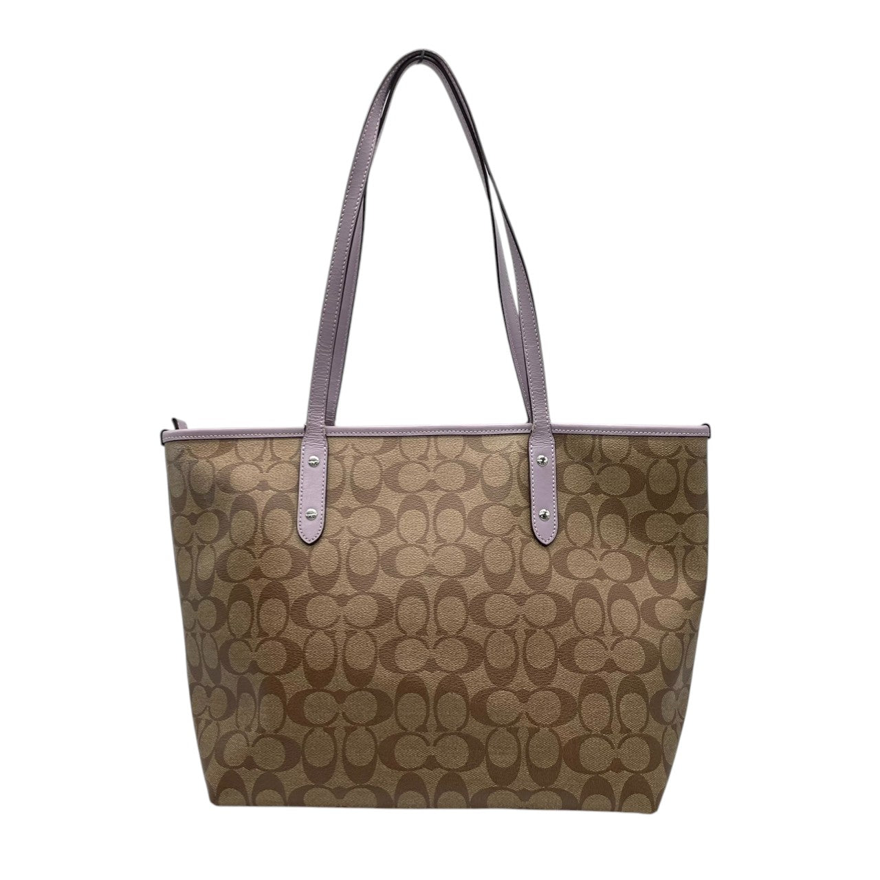 コーチ COACH トートバッグ シグネチャー PVC レザー ベージュ ラベンダー パープル A4収納可 肩掛け可 ワンショルダー 自立可 ビジネス 通勤 通学 旅行 華やか エレガント クラシック 高級感 丈夫 定番 レディース 鞄 カバン 美品 s72