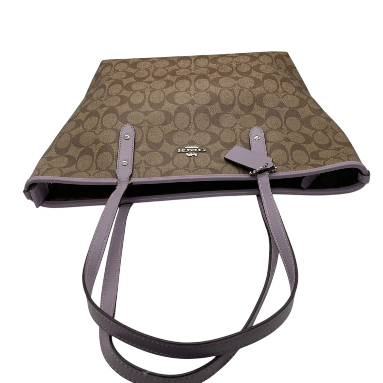 コーチ COACH トートバッグ シグネチャー PVC レザー ベージュ ラベンダー パープル A4収納可 肩掛け可 ワンショルダー 自立可 ビジネス 通勤 通学 旅行 華やか エレガント クラシック 高級感 丈夫 定番 レディース 鞄 カバン 美品 s72