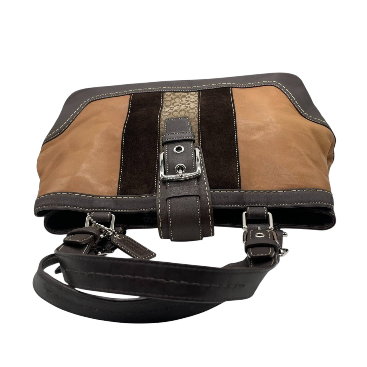 【良品】コーチ COACH ハンドバッグ レザー ベロア スエード ブラウン キャメル 茶色 ゴールド金具 ヴィンテージ風 シグネチャーロゴ ワンショルダーバッグ 肩掛けバッグ 鞄 希少デザイン お出かけ カジュアル 通勤 通学 レディース 状態良好 s72