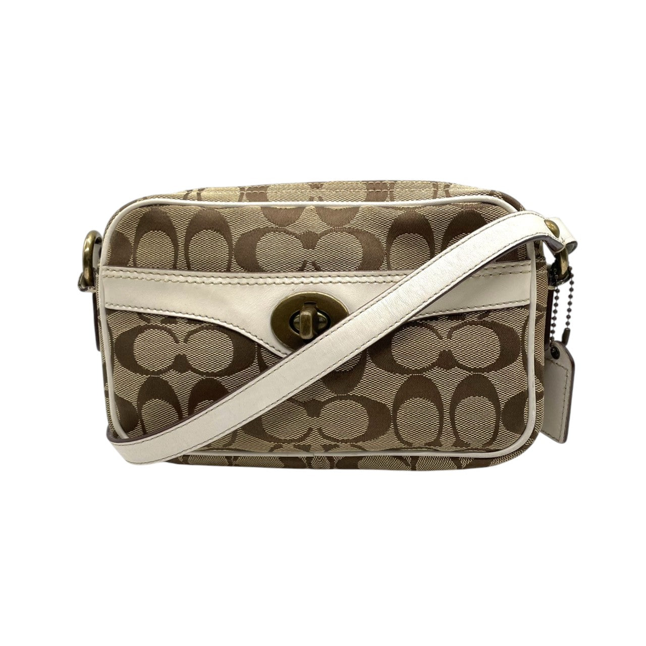 【良品】コーチ COACH ショルダーバッグ シグネチャー 斜め掛け可 キャンバス レザー 茶 白 ブラウン ホワイト ターンロック 金具 ヴィンテージ ビンテージ クラシック エレガント 鞄 カバン レディース お出かけ ミニバッグ 10565 s72