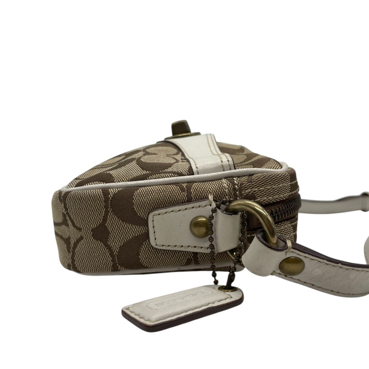 【良品】コーチ COACH ショルダーバッグ シグネチャー 斜め掛け可 キャンバス レザー 茶 白 ブラウン ホワイト ターンロック 金具 ヴィンテージ ビンテージ クラシック エレガント 鞄 カバン レディース お出かけ ミニバッグ 10565 s72