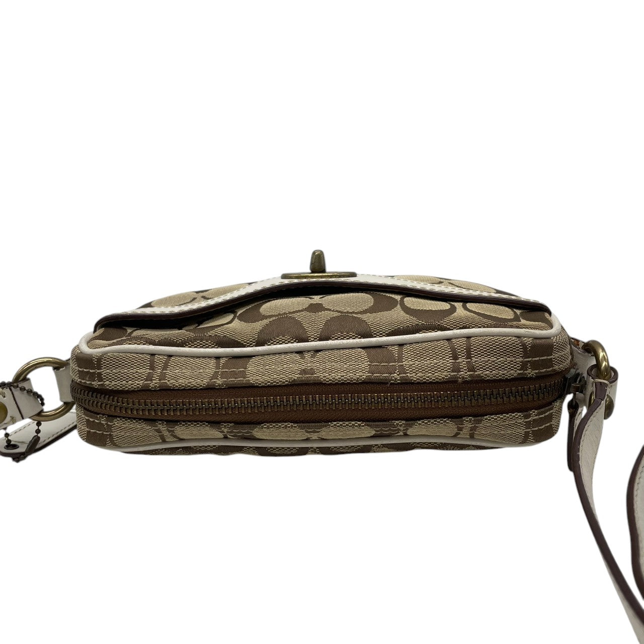【良品】コーチ COACH ショルダーバッグ シグネチャー 斜め掛け可 キャンバス レザー 茶 白 ブラウン ホワイト ターンロック 金具 ヴィンテージ ビンテージ クラシック エレガント 鞄 カバン レディース お出かけ ミニバッグ 10565 s72