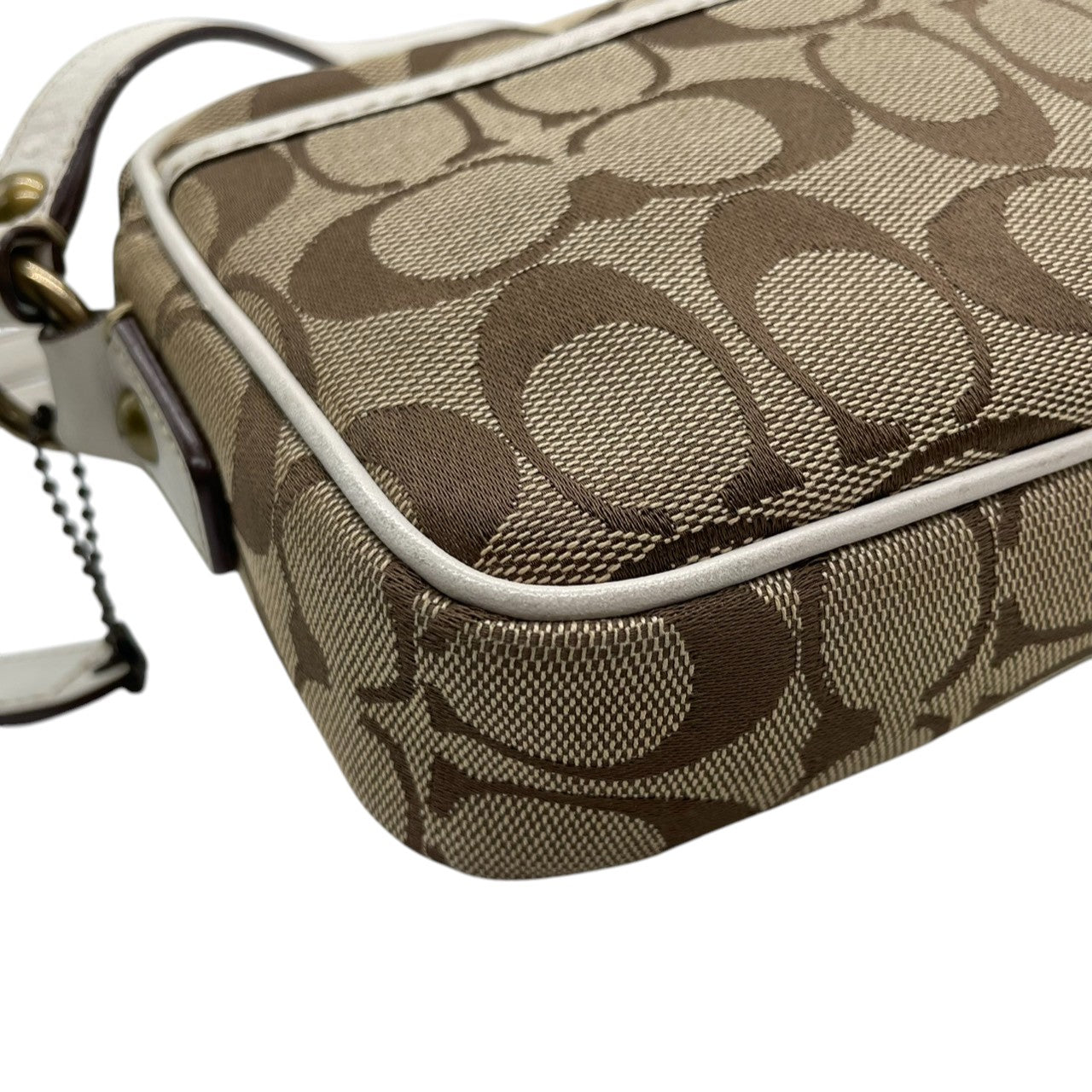 【良品】コーチ COACH ショルダーバッグ シグネチャー 斜め掛け可 キャンバス レザー 茶 白 ブラウン ホワイト ターンロック 金具 ヴィンテージ ビンテージ クラシック エレガント 鞄 カバン レディース お出かけ ミニバッグ 10565 s72