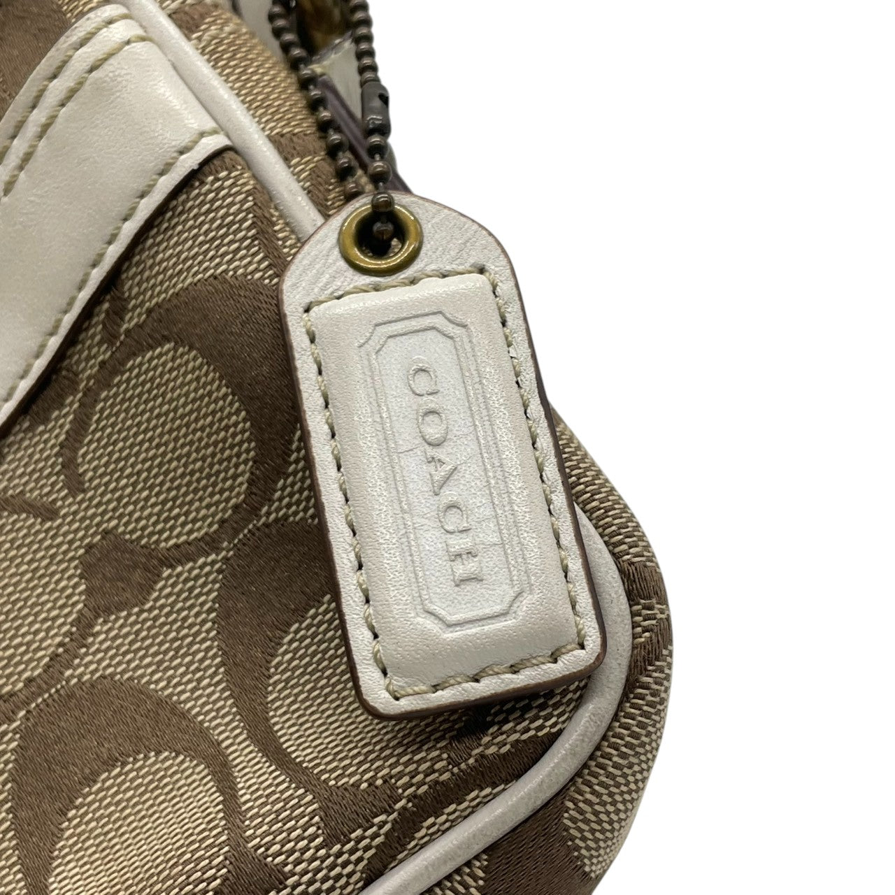 【良品】コーチ COACH ショルダーバッグ シグネチャー 斜め掛け可 キャンバス レザー 茶 白 ブラウン ホワイト ターンロック 金具 ヴィンテージ ビンテージ クラシック エレガント 鞄 カバン レディース お出かけ ミニバッグ 10565 s72