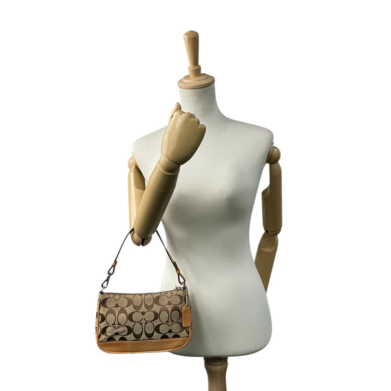 美品 コーチ COACH ハンドバッグ ワンショルダーバッグ シグネチャー キャンバス レザー ブラウン 茶色 ベージュ ゴールド 金具 自立可 クラシック エレガント ヴィンテージ 希少 レア お出かけ ポーチ ミニバッグ レディース 鞄 カバン s71