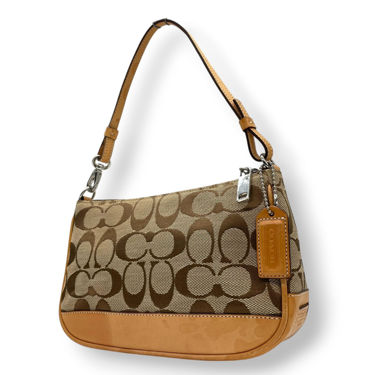 美品 コーチ COACH ハンドバッグ ワンショルダーバッグ シグネチャー キャンバス レザー ブラウン 茶色 ベージュ ゴールド 金具 自立可 クラシック エレガント ヴィンテージ 希少 レア お出かけ ポーチ ミニバッグ レディース 鞄 カバン s71