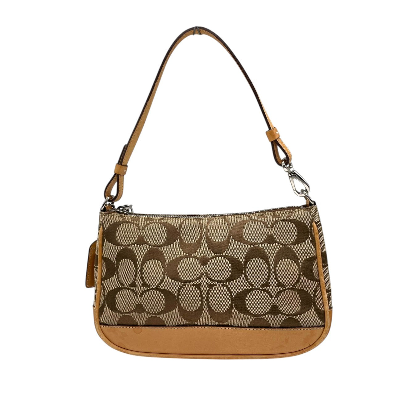 美品 コーチ COACH ハンドバッグ ワンショルダーバッグ シグネチャー キャンバス レザー ブラウン 茶色 ベージュ ゴールド 金具 自立可 クラシック エレガント ヴィンテージ 希少 レア お出かけ ポーチ ミニバッグ レディース 鞄 カバン s71