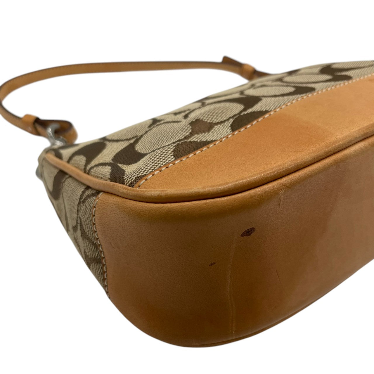 美品 コーチ COACH ハンドバッグ ワンショルダーバッグ シグネチャー キャンバス レザー ブラウン 茶色 ベージュ ゴールド 金具 自立可 クラシック エレガント ヴィンテージ 希少 レア お出かけ ポーチ ミニバッグ レディース 鞄 カバン s71