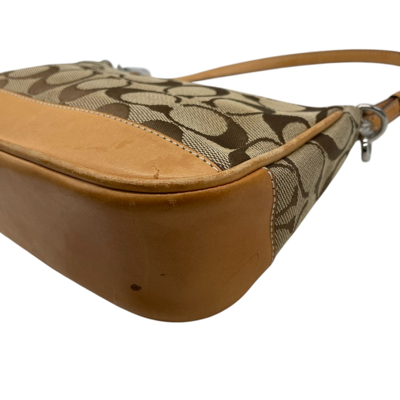 美品 コーチ COACH ハンドバッグ ワンショルダーバッグ シグネチャー キャンバス レザー ブラウン 茶色 ベージュ ゴールド 金具 自立可 クラシック エレガント ヴィンテージ 希少 レア お出かけ ポーチ ミニバッグ レディース 鞄 カバン s71