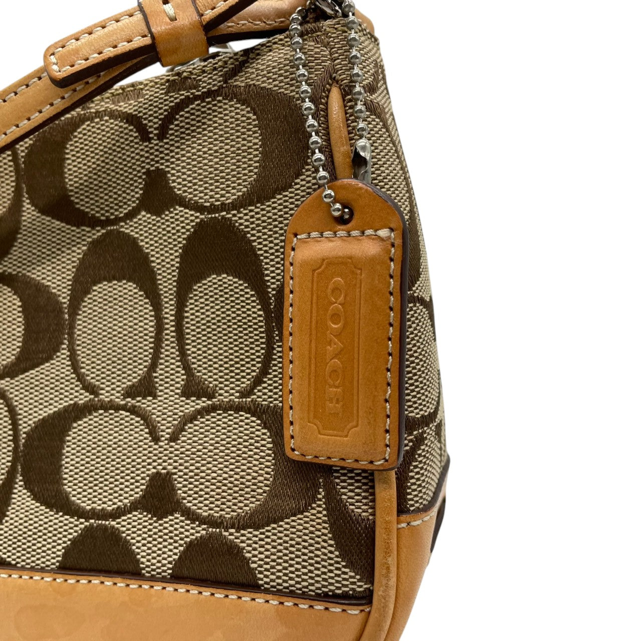 美品 コーチ COACH ハンドバッグ ワンショルダーバッグ シグネチャー キャンバス レザー ブラウン 茶色 ベージュ ゴールド 金具 自立可 クラシック エレガント ヴィンテージ 希少 レア お出かけ ポーチ ミニバッグ レディース 鞄 カバン s71
