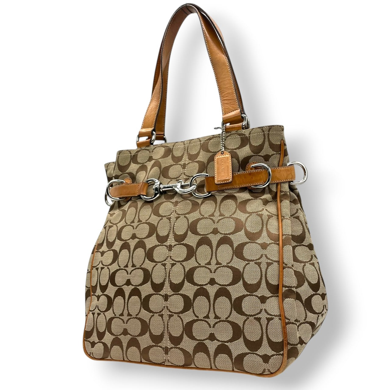 コーチ COACH トートバッグ ハンドバッグ シグネチャー キャンバス レザー 本革 ブラウン 茶色 ベージュ シルバー金具 A4収納可 肩掛け可 ワンショルダー 自立可 ヴィンテージ ビンテージ クラシック エレガント 希少 鞄 カバン 通勤 通学 s71