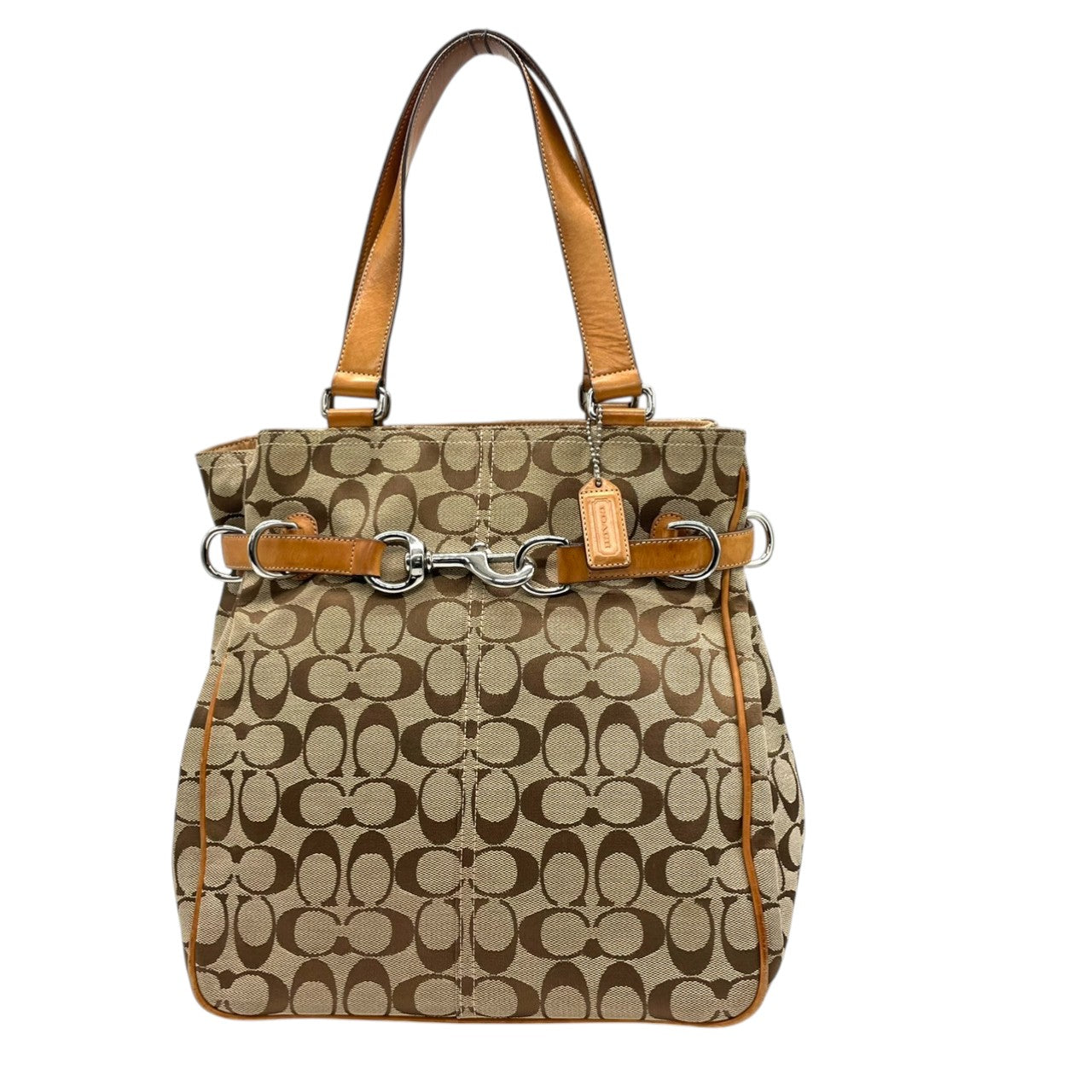 コーチ COACH トートバッグ ハンドバッグ シグネチャー キャンバス レザー 本革 ブラウン 茶色 ベージュ シルバー金具 A4収納可 肩掛け可 ワンショルダー 自立可 ヴィンテージ ビンテージ クラシック エレガント 希少 鞄 カバン 通勤 通学 s71
