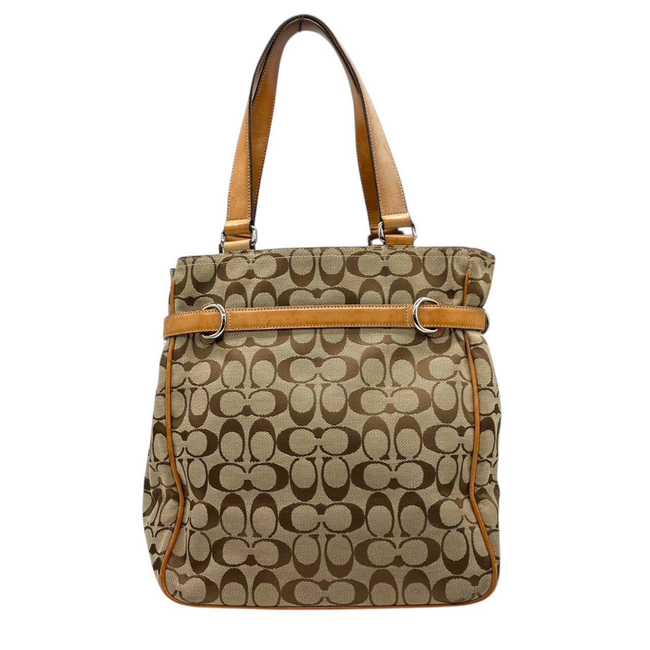 コーチ COACH トートバッグ ハンドバッグ シグネチャー キャンバス レザー 本革 ブラウン 茶色 ベージュ シルバー金具 A4収納可 肩掛け可 ワンショルダー 自立可 ヴィンテージ ビンテージ クラシック エレガント 希少 鞄 カバン 通勤 通学 s71