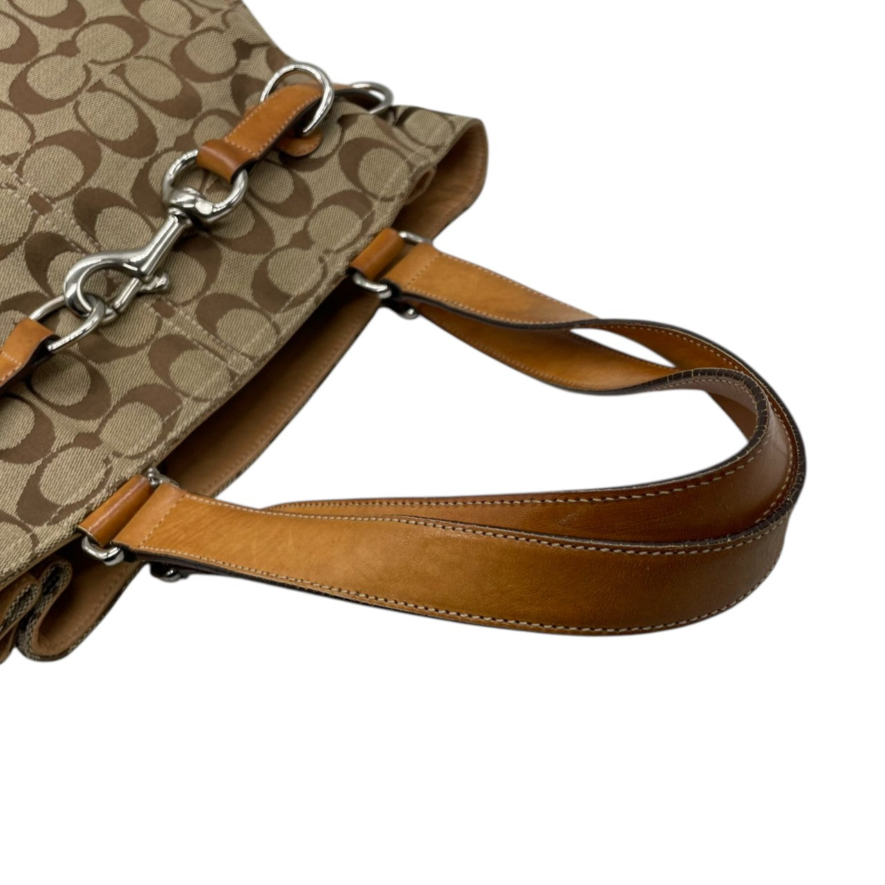 コーチ COACH トートバッグ ハンドバッグ シグネチャー キャンバス レザー 本革 ブラウン 茶色 ベージュ シルバー金具 A4収納可 肩掛け可 ワンショルダー 自立可 ヴィンテージ ビンテージ クラシック エレガント 希少 鞄 カバン 通勤 通学 s71