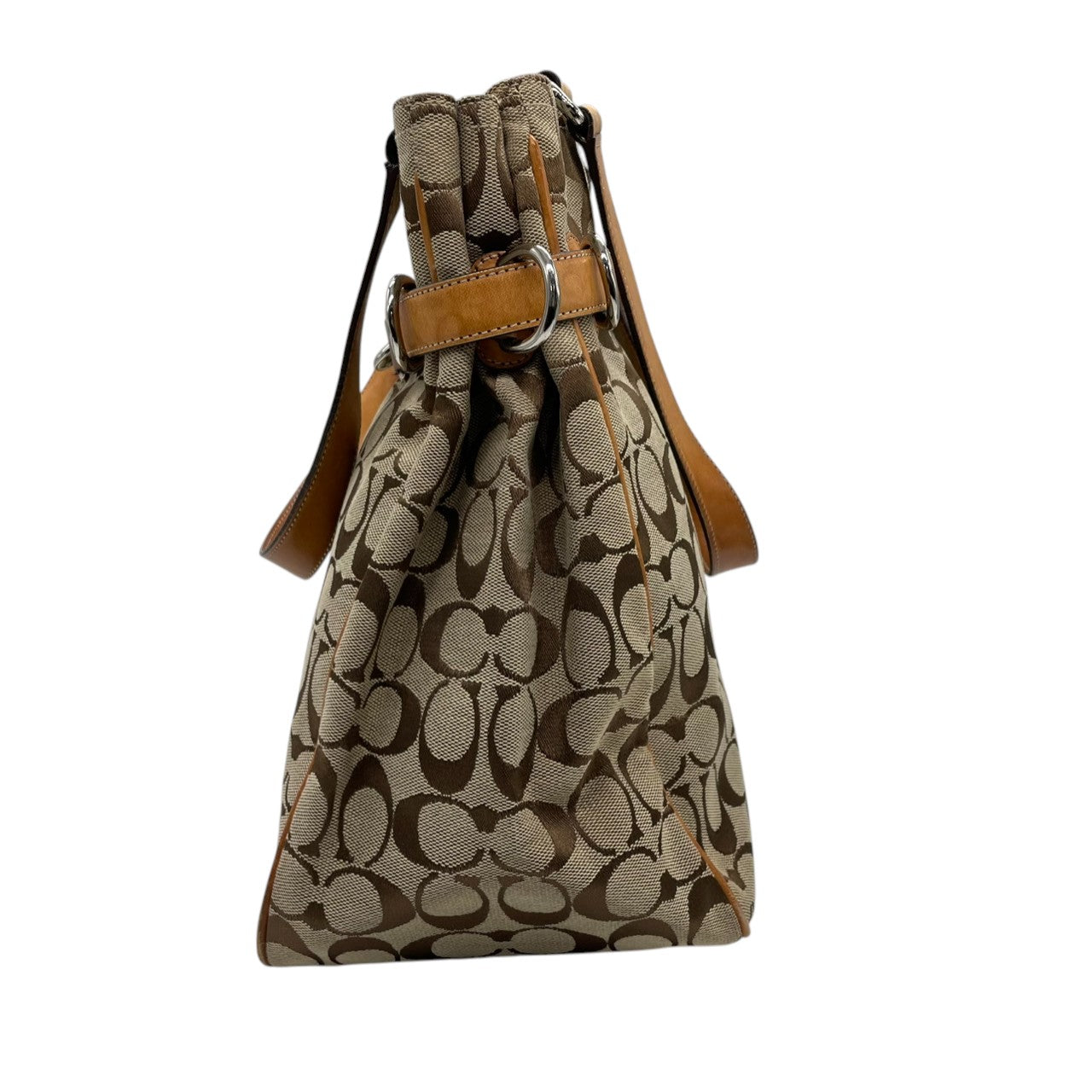 コーチ COACH トートバッグ ハンドバッグ シグネチャー キャンバス レザー 本革 ブラウン 茶色 ベージュ シルバー金具 A4収納可 肩掛け可 ワンショルダー 自立可 ヴィンテージ ビンテージ クラシック エレガント 希少 鞄 カバン 通勤 通学 s71