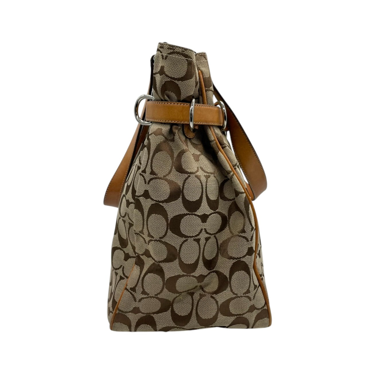 コーチ COACH トートバッグ ハンドバッグ シグネチャー キャンバス レザー 本革 ブラウン 茶色 ベージュ シルバー金具 A4収納可 肩掛け可 ワンショルダー 自立可 ヴィンテージ ビンテージ クラシック エレガント 希少 鞄 カバン 通勤 通学 s71
