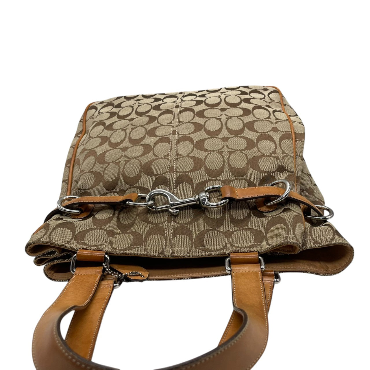 コーチ COACH トートバッグ ハンドバッグ シグネチャー キャンバス レザー 本革 ブラウン 茶色 ベージュ シルバー金具 A4収納可 肩掛け可 ワンショルダー 自立可 ヴィンテージ ビンテージ クラシック エレガント 希少 鞄 カバン 通勤 通学 s71