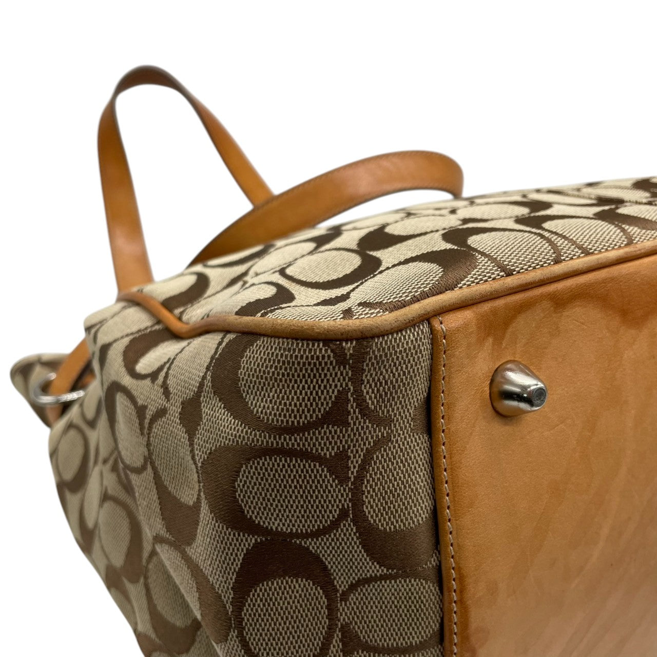 コーチ COACH トートバッグ ハンドバッグ シグネチャー キャンバス レザー 本革 ブラウン 茶色 ベージュ シルバー金具 A4収納可 肩掛け可 ワンショルダー 自立可 ヴィンテージ ビンテージ クラシック エレガント 希少 鞄 カバン 通勤 通学 s71