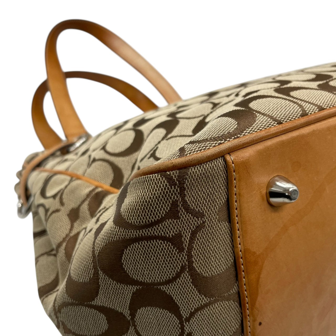 コーチ COACH トートバッグ ハンドバッグ シグネチャー キャンバス レザー 本革 ブラウン 茶色 ベージュ シルバー金具 A4収納可 肩掛け可 ワンショルダー 自立可 ヴィンテージ ビンテージ クラシック エレガント 希少 鞄 カバン 通勤 通学 s71