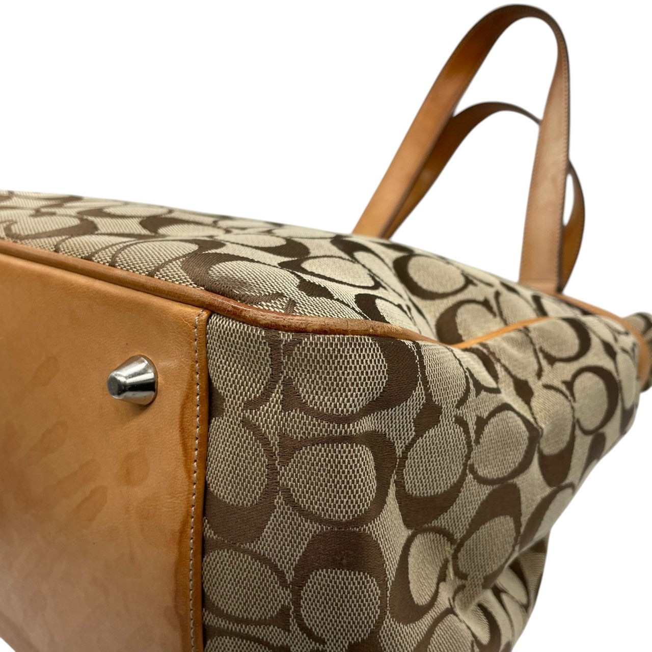 コーチ COACH トートバッグ ハンドバッグ シグネチャー キャンバス レザー 本革 ブラウン 茶色 ベージュ シルバー金具 A4収納可 肩掛け可 ワンショルダー 自立可 ヴィンテージ ビンテージ クラシック エレガント 希少 鞄 カバン 通勤 通学 s71