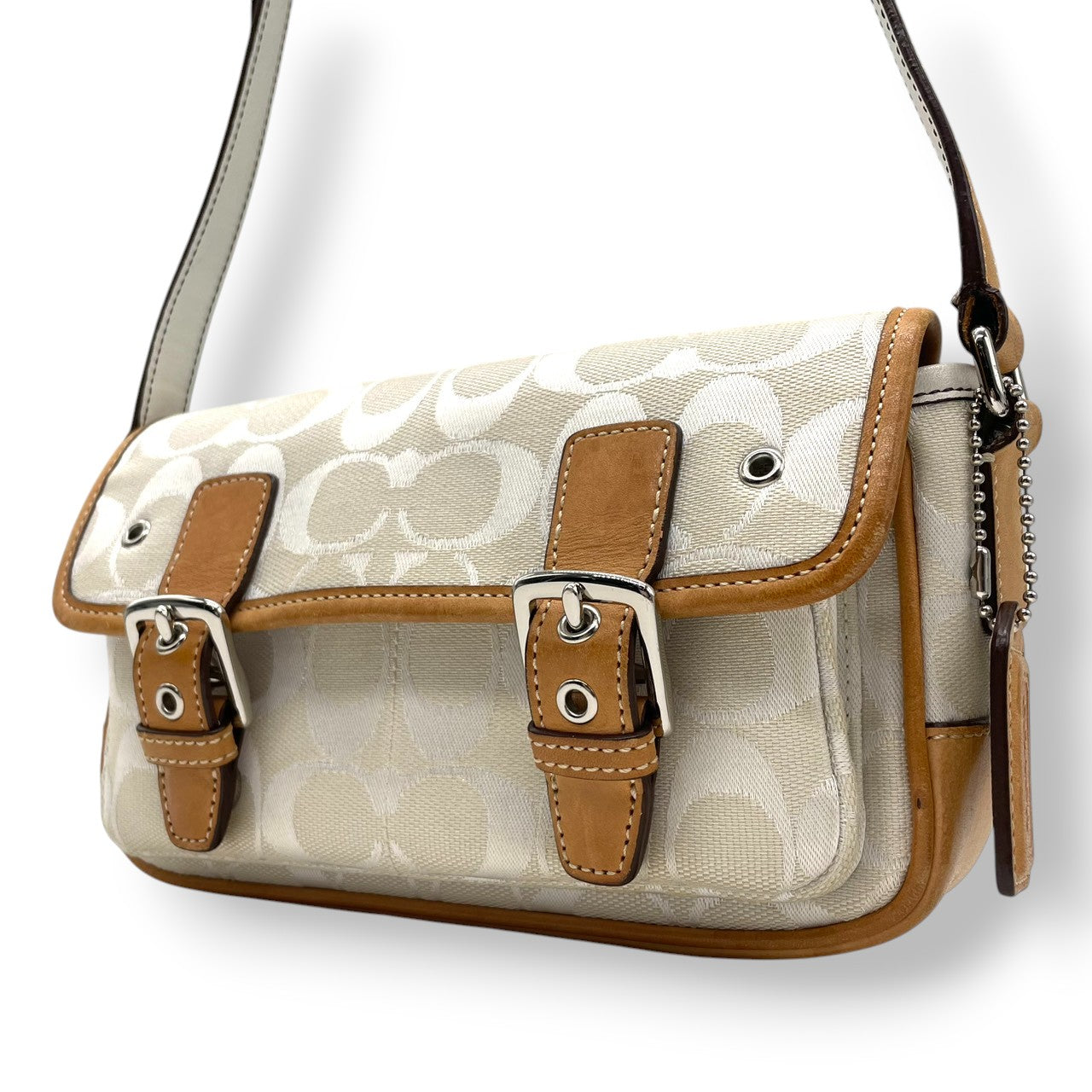 【良品】コーチ COACH ショルダーバッグ シグネチャー 斜め掛け可 キャンバス レザー 白 茶 ホワイト ブラウン シルバー金具 フラップバッグ ヴィンテージ ビンテージ クラシック エレガント ミニバッグ 鞄 カバン レディース 6844 s71