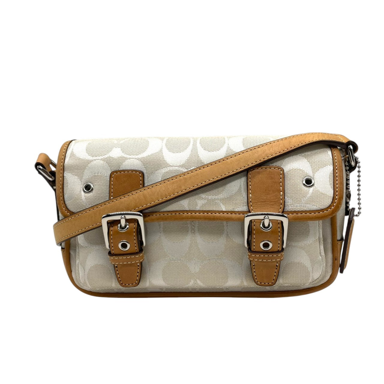 【良品】コーチ COACH ショルダーバッグ シグネチャー 斜め掛け可 キャンバス レザー 白 茶 ホワイト ブラウン シルバー金具 フラップバッグ ヴィンテージ ビンテージ クラシック エレガント ミニバッグ 鞄 カバン レディース 6844 s71
