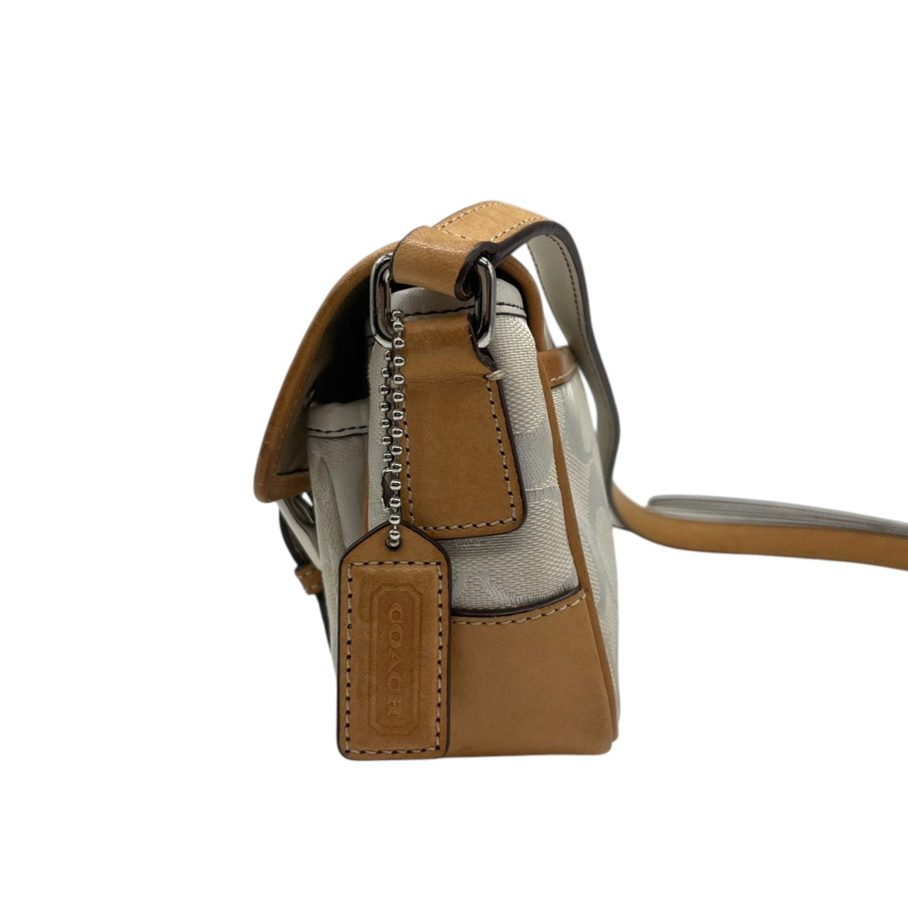 【良品】コーチ COACH ショルダーバッグ シグネチャー 斜め掛け可 キャンバス レザー 白 茶 ホワイト ブラウン シルバー金具 フラップバッグ ヴィンテージ ビンテージ クラシック エレガント ミニバッグ 鞄 カバン レディース 6844 s71