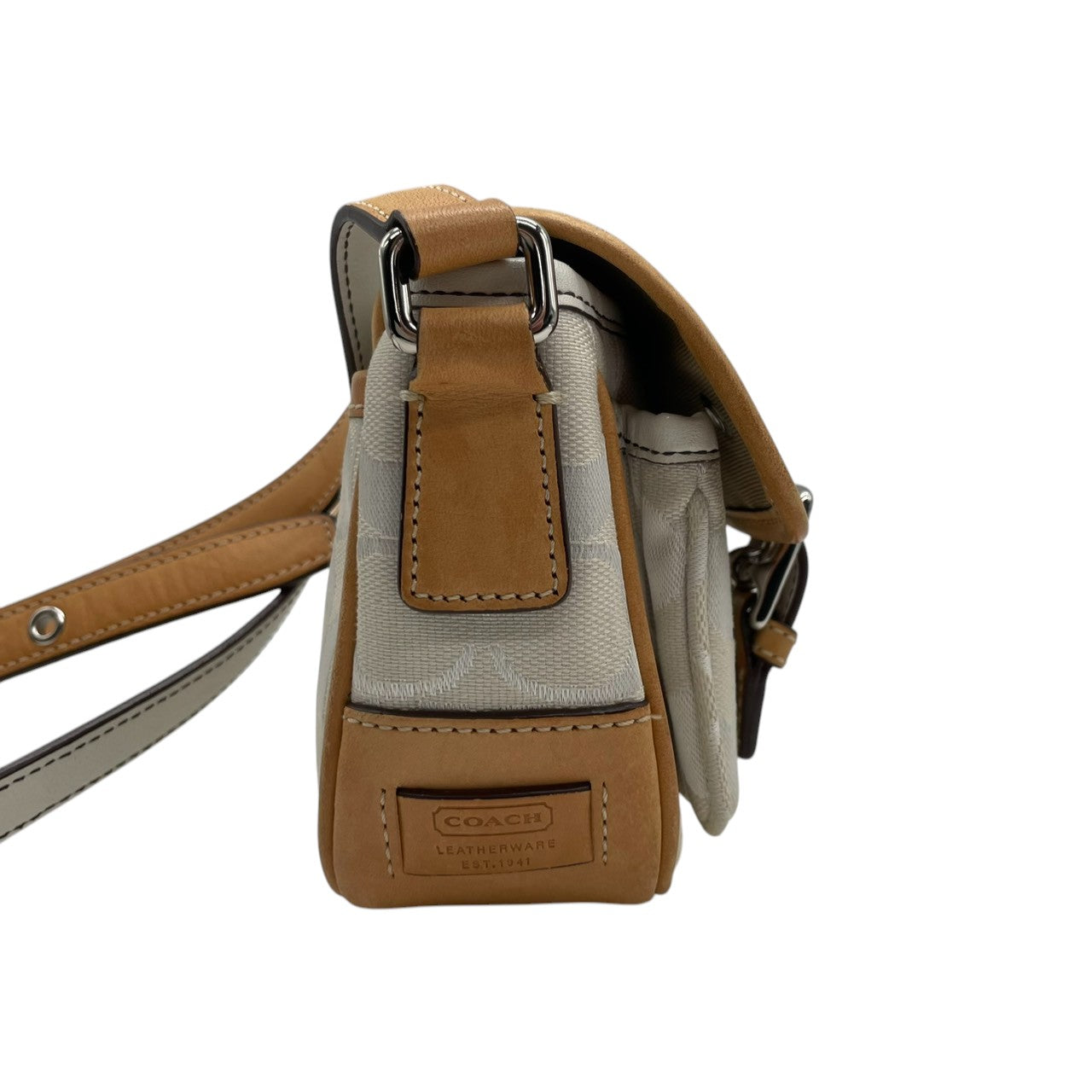 【良品】コーチ COACH ショルダーバッグ シグネチャー 斜め掛け可 キャンバス レザー 白 茶 ホワイト ブラウン シルバー金具 フラップバッグ ヴィンテージ ビンテージ クラシック エレガント ミニバッグ 鞄 カバン レディース 6844 s71