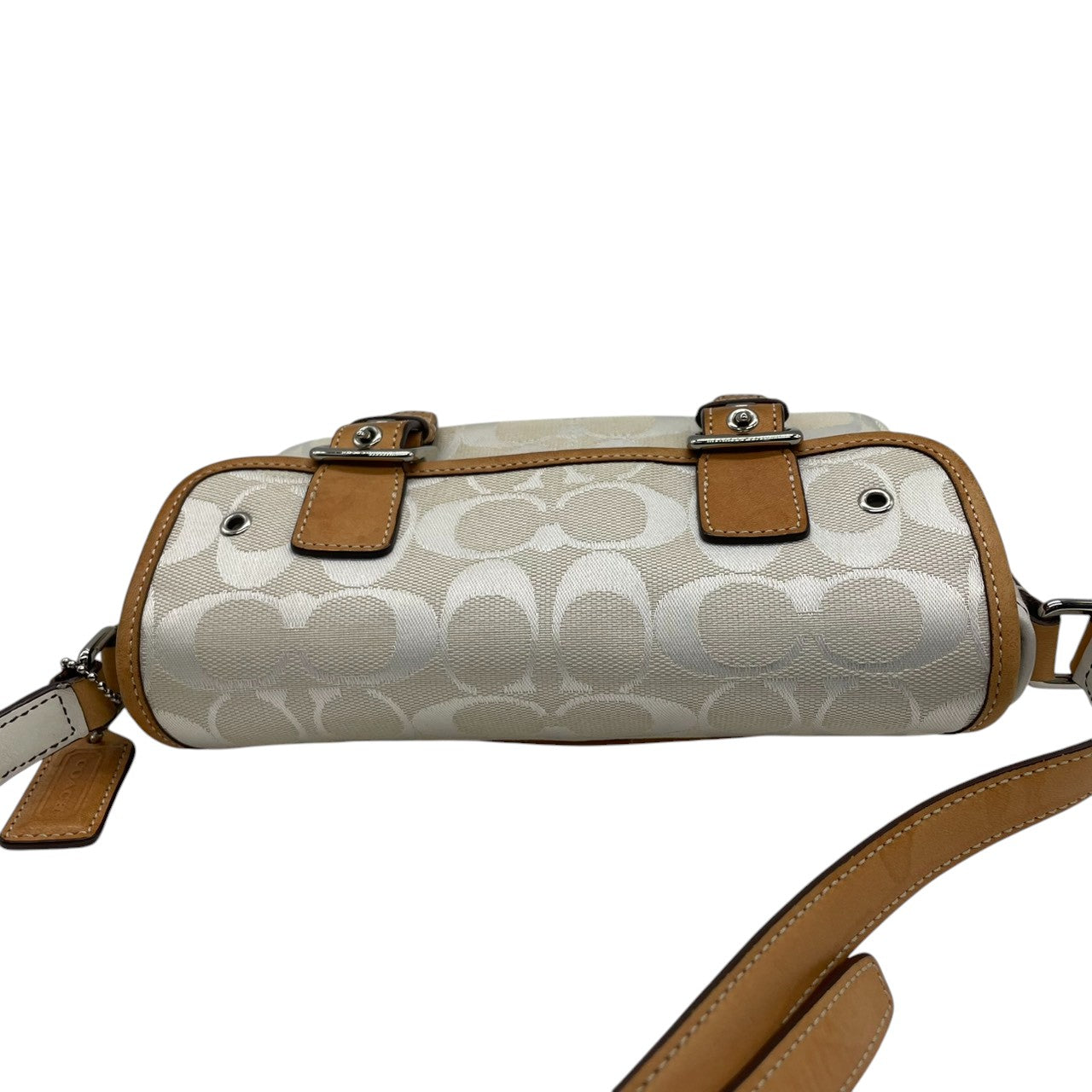 【良品】コーチ COACH ショルダーバッグ シグネチャー 斜め掛け可 キャンバス レザー 白 茶 ホワイト ブラウン シルバー金具 フラップバッグ ヴィンテージ ビンテージ クラシック エレガント ミニバッグ 鞄 カバン レディース 6844 s71