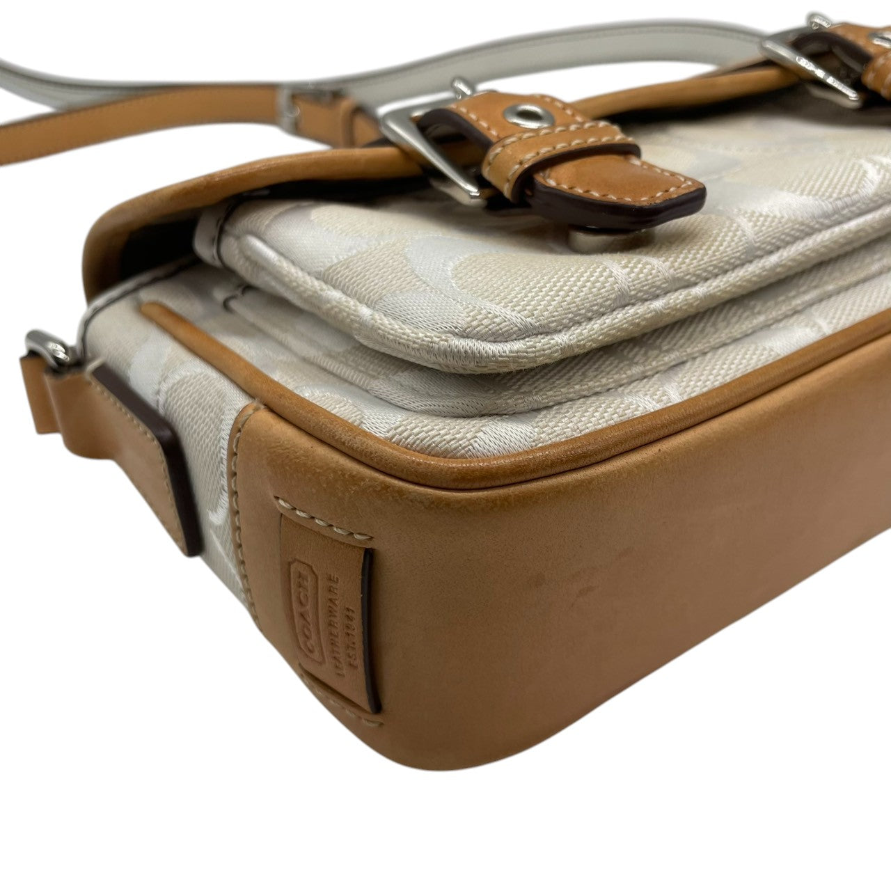 【良品】コーチ COACH ショルダーバッグ シグネチャー 斜め掛け可 キャンバス レザー 白 茶 ホワイト ブラウン シルバー金具 フラップバッグ ヴィンテージ ビンテージ クラシック エレガント ミニバッグ 鞄 カバン レディース 6844 s71