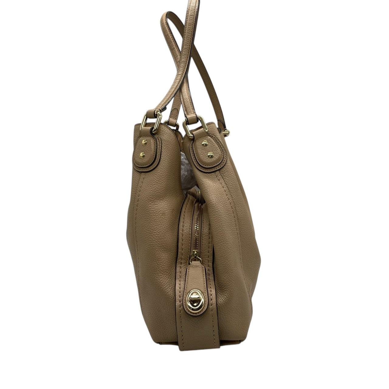 コーチ COACH トートバッグ ハンドバッグ レザー 本革 ベージュ ペブルドレザー ワンショルダー 肩掛け可 自立可 A4サイズ収納可 ビジネス 通勤 通学 カジュアル エレガント クラシック ターンロック ゴールド 金具 鞄 カバン 手提げ 美品 状態良好 希少 レア お出かけ 普段使い s70
