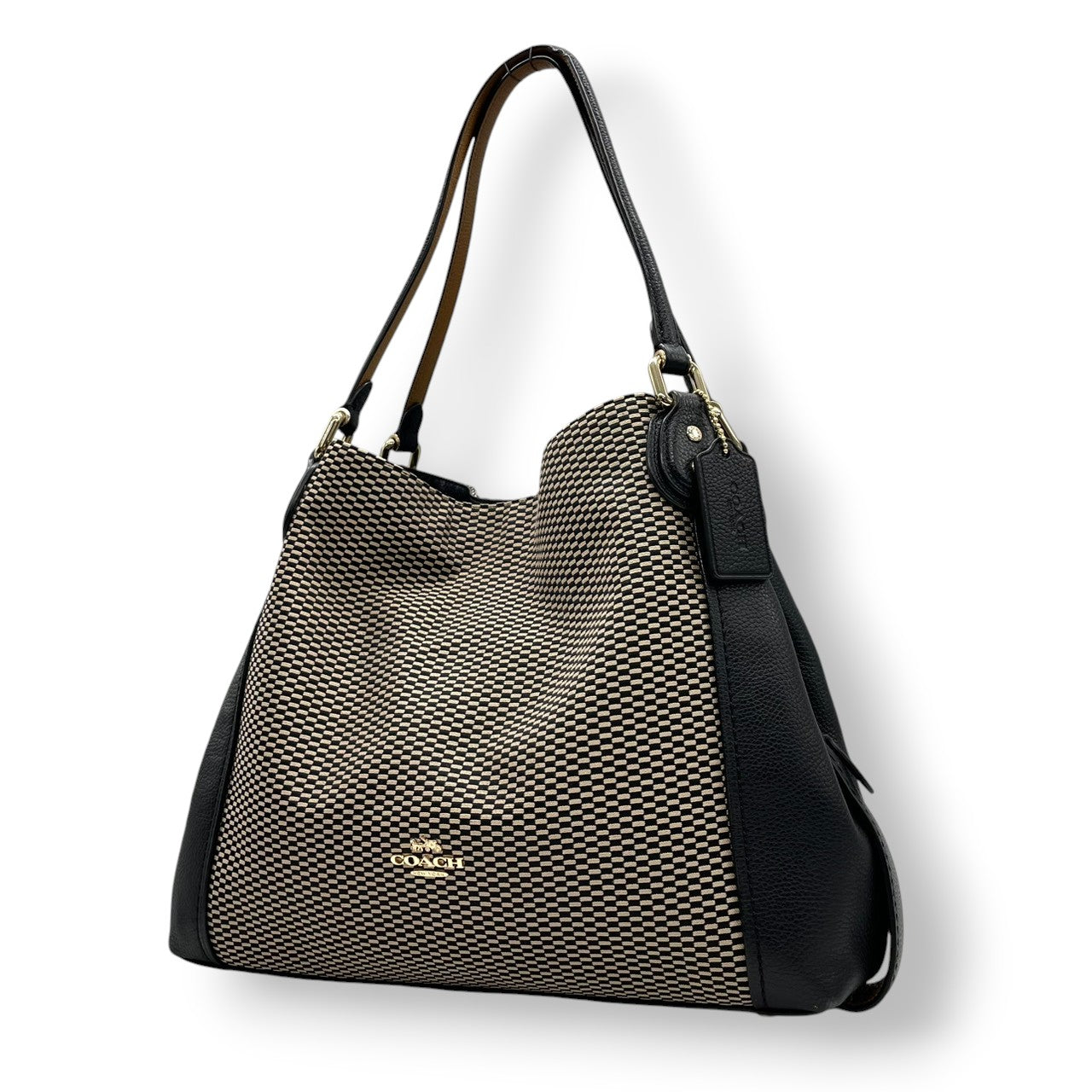 コーチ COACH トートバッグ ハンドバッグ キャンバス レザー 本革 ブラック 黒 ホワイト 白 A4サイズ収納可 肩掛け可 ワンショルダー 自立可 ビジネス 通勤 通学 カジュアル エレガント クラシック 上品 希少 モデル ターンロック ゴールド金具 鞄 カバン 状態良好 美品 s70