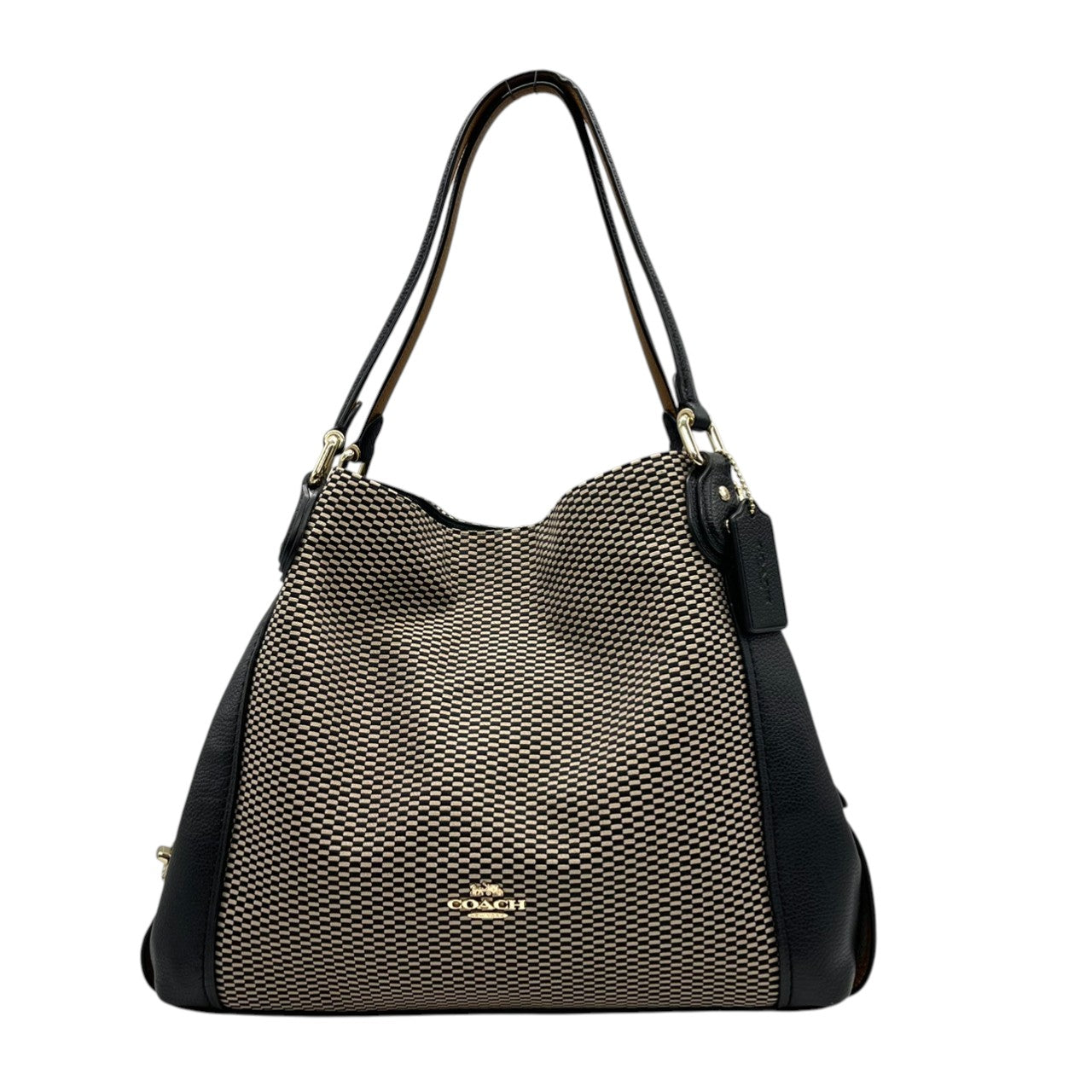 コーチ COACH トートバッグ ハンドバッグ キャンバス レザー 本革 ブラック 黒 ホワイト 白 A4サイズ収納可 肩掛け可 ワンショルダー 自立可 ビジネス 通勤 通学 カジュアル エレガント クラシック 上品 希少 モデル ターンロック ゴールド金具 鞄 カバン 状態良好 美品 s70