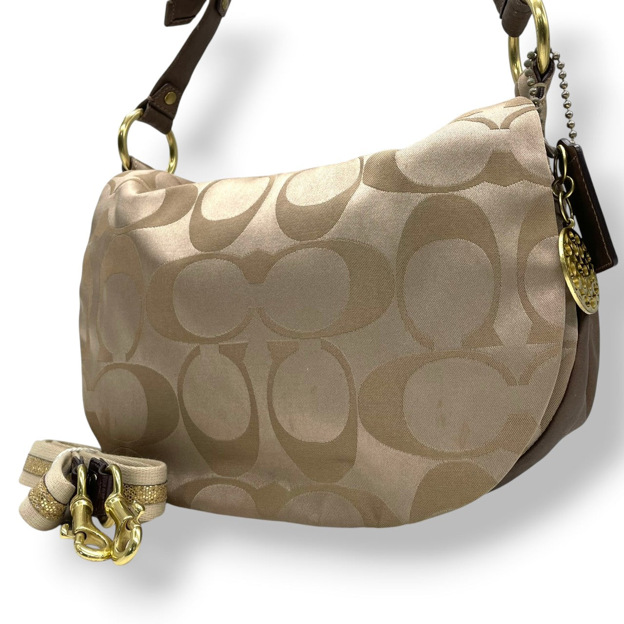 COACH コーチ シグネチャー 13641 2WAY ショルダーバッグ ハンドバッグ ハーフムーン キャンバス レザー ベージュ ブラウン 茶色 エレガント クラシック カジュアル レディース 普段使い お出かけ 斜め掛け可 ワンショルダー 鞄 s84