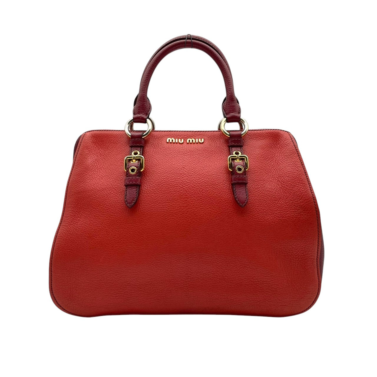 【美品】ミュウミュウ miumiu ハンドバッグ 2way ショルダーバッグ レザー オレンジ 朱色 暖色系 ゴールド金具 ロゴ 刻印 本革 鞄 カバン レディース カジュアル エレガント 華やか 高級感 デート お出かけ 自立可 斜め掛け可 美品 S99