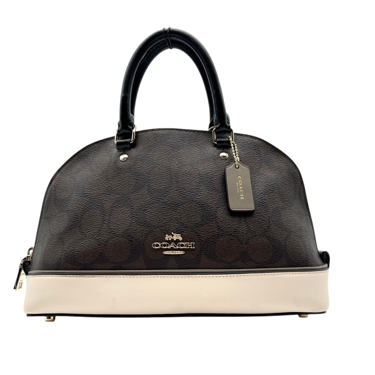 【美品】コーチ COACH F57493 シグネチャー ドーム型 2way ハンドバッグ ショルダーバッグ レザー ブラウン アイボリー 茶 白 ゴールド金具 ロゴ カバン 鞄 レディース エレガント カジュアル お出かけ デート 自立可 斜め掛け可 S99
