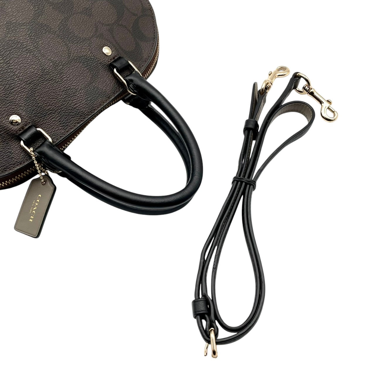 【美品】コーチ COACH F57493 シグネチャー ドーム型 2way ハンドバッグ ショルダーバッグ レザー ブラウン アイボリー 茶 白 ゴールド金具 ロゴ カバン 鞄 レディース エレガント カジュアル お出かけ デート 自立可 斜め掛け可 S99