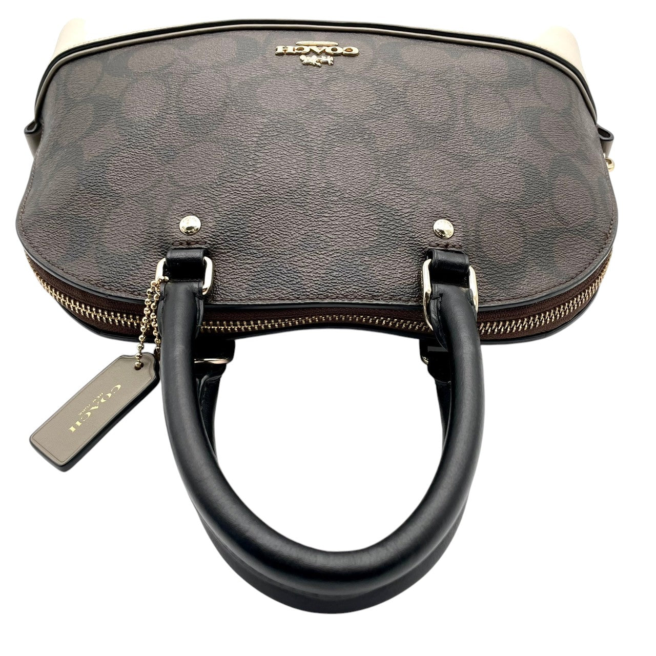 【美品】コーチ COACH F57493 シグネチャー ドーム型 2way ハンドバッグ ショルダーバッグ レザー ブラウン アイボリー 茶 白 ゴールド金具 ロゴ カバン 鞄 レディース エレガント カジュアル お出かけ デート 自立可 斜め掛け可 S99