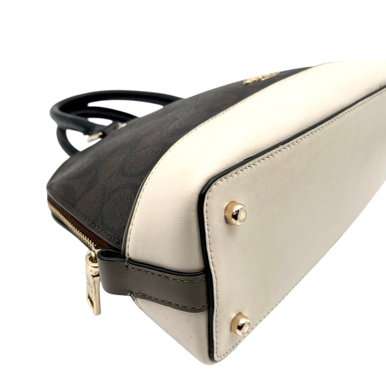 【美品】コーチ COACH F57493 シグネチャー ドーム型 2way ハンドバッグ ショルダーバッグ レザー ブラウン アイボリー 茶 白 ゴールド金具 ロゴ カバン 鞄 レディース エレガント カジュアル お出かけ デート 自立可 斜め掛け可 S99